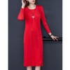 Plus Size Women Pleated Loose Round Neck Dress + Long Sweater (Color:Red Size:One Size)