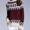 Women Round Neck Sweater Jacquard Pullover Sweater, Size: M( Wine Red )