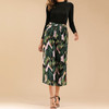 Elastic Waist Wide Leg Pants With Tropical Prints (Color:Dark Green Size:S)