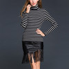 Contrast High Collar Pullover Long Sleeve Sweater Striped Bottoming Shirt(Color:Black White Size:One Size)