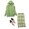 Knitted Colorblock Sweater Cardigan and Skirt Two-piece Suits(Color:Green Size:One Size)