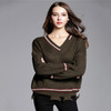 V-neck Pullover Stripe Irregular Loose Knit Sweater (Color:Army Green Size:S)