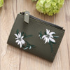 Embroidery Short Wallet PU Leather Wallets Female Floral Hasp Coin Purse Zipper Bag Card Holders(Army Green)