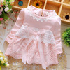 Spring and Autumn Sweet Round Neck Lace Long Sleeve Dress Cutout Small Flower Bow Dress, Size:M(Pink)