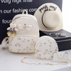 3 in 1 Bow & Embroidered Floral Pattern Double Shoulders School Bag Travel Backpack Bag with Bear Doll Pendant (White)