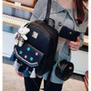 3 in 1 Plum Embroidery Tassels PU Leather Double Shoulders School Bag Travel Backpack Bag with Bear Doll Pendant (Black)