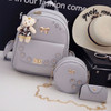 3 in 1 Flower PU Leather Double Shoulders School Bag Travel Backpack Bag with Bear Pendant (Grey)