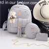 3 in 1 Plum Diamond PU Leather Double Shoulders School Bag Travel Backpack Bag with Bear Doll Pendant