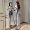 Women Striped Loose Long Flowy Sunscreen Thin Coat (Color:Black Size:L)