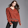 V-neck Pullover Stripe Irregular Loose Knit Sweater (Color:Red Size:S)