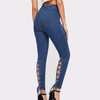 High Waist Lace-up Corns Stretch Denim Pants (Color:Dark Blue Size:L)