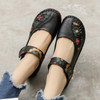 Flower Round Toe Soft Bottom Vintage Leather Flat Shoes, Szie:41(Black Sandals)