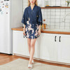 Womens Summer Print Kimono Robe Satin Lace Gown Fashion Sleepwear, Size:M(Dark Blue)