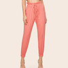 Drawstring Elastic Waist And Ruffles Tie Belt Pants Feet (Color:Pink Size:M)