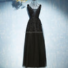 Sexy V-neck Evening Dress Robe Tulle Applique Evening Dresses, Size:XXL (Black)