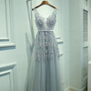 Sexy V-neck Evening Dress Robe Tulle Applique Evening Dresses, Size:L (Silver Gray)