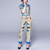 Retro Print Fashion Western Style Two-piece Suit (Color:Blue Size:XL)