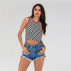 Women Color Matching Grid Knitted Strap Short Vest (Color:Black White Size:S)