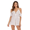 Polka Dot Sling Dress Vacation Beach Short Skirt V-neck Lace Jumpsuit Skirt Shorts (Color:White Size:S)