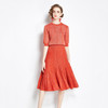 Early Autumn Bright Silk Knitted Simple Temperament Suit + Fashion Pleated Skirt Two-piece Suit (Color:Red Size:Freesize)
