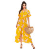 Women Dress V-neck Summer Chiffon New European And American Floral Skirt (Color:Yellow Size:S)