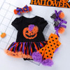 Halloween Baby Short-sleeved Cartoon Print Romper Dress Baby Mesh Dress Tutu Skirt (Color:Flower Pumpkin Size:59)