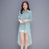 Women Mid-length Loose Striped Shirt Sun Protection Clothing (Color:Green Size:L)