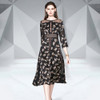 Slim-fit Printed Lace Splice Dress (Color:Black Size:L)