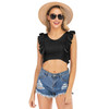 Women Ruffle Edge Slim Knitted Short Vest (Color:Black Size:S)