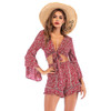 V-neck Floral Bell Sleeve Top + Shorts Two-piece Set (Color:Red Size:M)