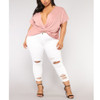 Plus Size Solid Color Frayed Casual Pants (Color:White Size:L)