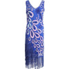 Women Tassel Beaded Tuxedo Dress (Color:Blue Size:L)