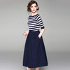 Off-shoulder Striped Knit T-shirt + Skirt Two-piece Suit (Color:Dark Blue Size:XXL)