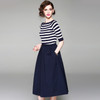 Off-shoulder Striped Knit T-shirt + Skirt Two-piece Suit (Color:Dark Blue Size:L)
