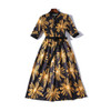 Lace-up Fashion Print Pleated Dress (Color:Black Yellow Size:M)