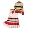 Long-sleeved Striped Sweater + Pleated Skirt Two-piece Suit (Color:As Show Size:XL)