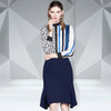 Fashion Striped Shirt + Hip Fishtail Skirt Suit (Color:As Show Size:XXL)