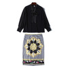 Lace Collar Long Sleeve Shirt Plaid Printed Hip Skirt Set (Color:Black Size:XXL)