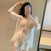 Ladies Cover Belly Look Thin Knitted Swimwear Three-piece (Color:Beige Size:Free Size)