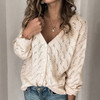 Crochet Hollow V-neck Long-sleeved Single-breasted Cotton And Cashmere Sweater (Color:Apricot Size:M)