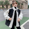 Stitching Thickened Imitation Lamb Wool Denim Jacket Coat (Color:Black Size:M)