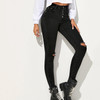 Stretch High-waisted Button-backed Denim Pencil Pants (Color:Black Size:L)