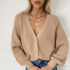 V-neck Lantern Sleeve Button Knit Cardigan Sweater (Color:Khaki Size:M)