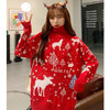 Women Christmas Lazy Loose Mid-length Sweater (Color:Christmas Red Turtleneck Size:XXXXL)