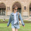 Loose Beading Ripped Hole Short Denim Jacket (Color:As Show Size:M)