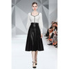 Autumn Winter Lantern Sleeve Knitted Sweater + High Waist Leather Skirt Suit (Color:Black White Size:M)