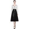 Autumn Winter Lantern Sleeve Knitted Sweater + High Waist Leather Skirt Suit (Color:Black White Size:S)