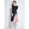 Mid-length Gradient Pleated Stitching Long-sleeved Knitted Dress (Color:Black Size:L)