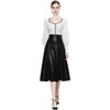 Autumn Winter Lantern Sleeve Knitted Sweater + High Waist Leather Skirt Suit (Color:Black White Size:XL)