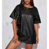 Loose Casual PU Leather Short Sleeve T-shirt For Ladies (Color:Black Size:L)